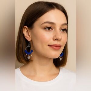 Blue Beaded Earrings with Silver Charms